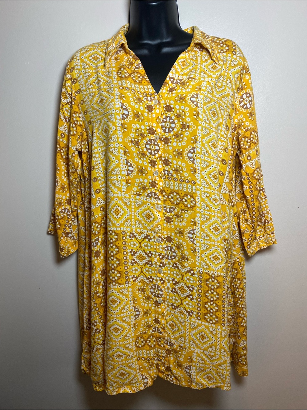 Biba Yellow Tribal Patterned V-Neck Tunic Top Size 38 EUC Viscose